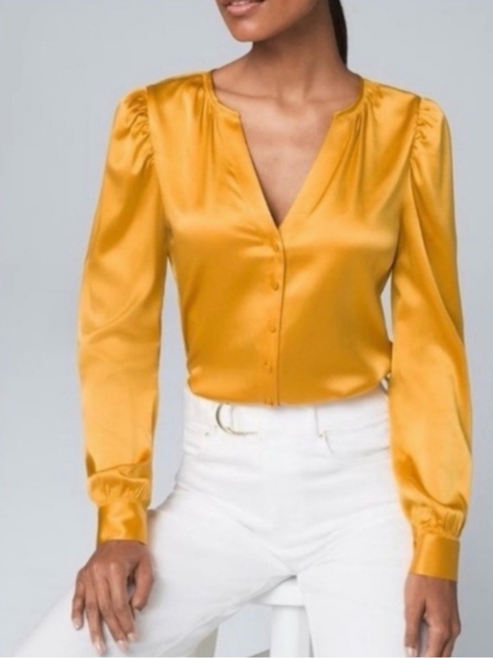 White House Black Market Silk V-Neck Button Blouse in Mustard Yellow